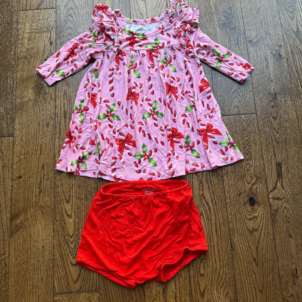 Posh Peanut 3/4 Sleeve Flutter Dress w/ Bloomers Set Christmas Candy Cane 18-24M